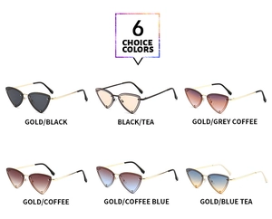 Showcase of six stylish triangular cat eye metal sunglasses in various gradient lens colors