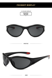 Front and side views of Y2K sporty black wrap sunglasses with red non-slip temple tips