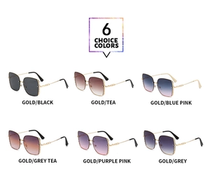 Detailed grid showing square metal sunglasses in six colors with chain-link temple design