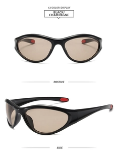 Front and side view of Y2K sporty sunglasses with black frames and champagne lenses