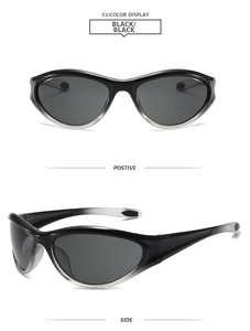 Front and side views of Y2K gradient black cycling sunglasses with streamlined wrap design