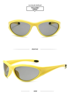 Front and side views of sports sunglasses with yellow frame and dark gray lenses