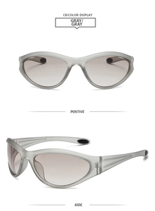 Detailed front and side views of gray streamlined Y2K sports sunglasses with wrap frames