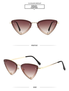 Detailed views of gold cat-eye triangle sunglasses with coffee gradient lenses and rivets
