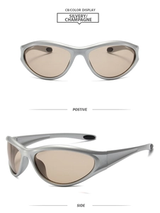 Detail view of silver Y2K cycling sunglasses with champagne lenses and sporty frame