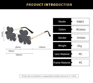 Detailed size specifications for clover-shaped rimless party sunglasses with metal temples