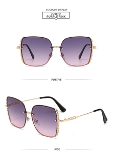 Detail of square gold metal frame sunglasses with rhinestones and purple gradient lenses