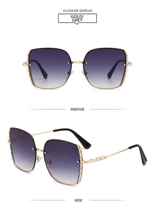 Detail of square oversized metal sunglasses with sparkling rhinestones and gradient lenses