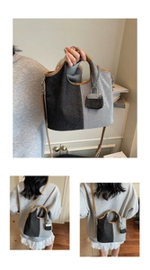 Detail of color-block denim tote with leather handles and mini bag charm pendant