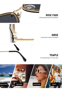 Detailed views of gold metal hinges, silicone nose pads and sunglasses lifestyle scenes
