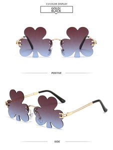 Front and side view of frameless clover-shaped sunglasses with purple blue gradient lenses