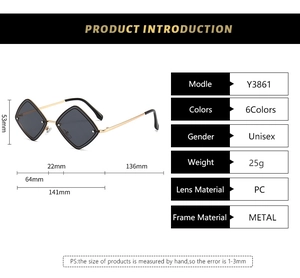 Diagramme technique de lunettes de soleil géométriques avec monture métal et verres gris