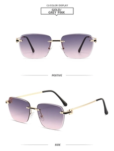 Détail de lunettes de soleil carrées sans monture avec branches en métal doré