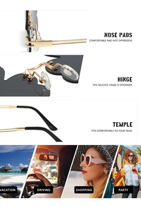 Detail of rimless cloud sunglasses showing metal hinges, nose pads and lifestyle usage