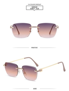 Vue détaillée des branches en métal doré et verres dégradés violets de ces lunettes