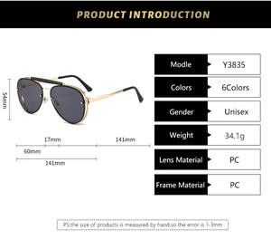 Detailed size specifications for vintage double-bridge aviator sunglasses with metal frames