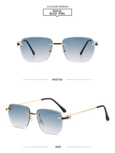 Vue détaillée des branches en métal doré et verres dégradés bleus sur lunettes sans monture