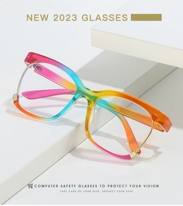 Detailed view of rainbow gradient square frames with gold metal hinges and anti-blue lenses