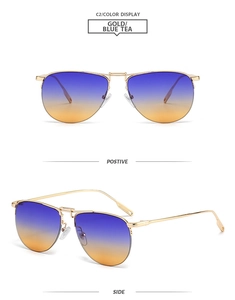 Front and side views of gold metal aviator sunglasses with gradient blue tea lenses