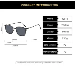 Detaillierte Größenangaben für die quadratische Sonnenbrille Modell Y3819 aus PC-Material