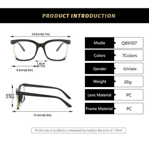 Size guide for square metal owl glasses showing frame dimensions and specifications