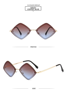 Détails de lunettes géométriques dorées avec verres en diamant dégradé café et bleu