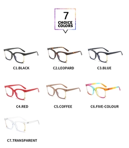 Grid view of stylish oversized square glasses showing seven different frame color options