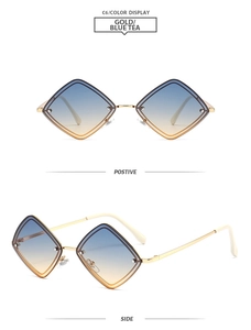 Détails de lunettes géométriques dorées avec verres dégradés bleu thé sous deux angles