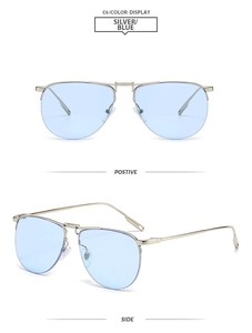 Front and side view of silver metal pilot sunglasses with light blue transparent lenses