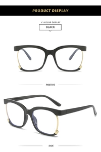 Detailed views of black and gold square metal eyewear frames showing front and side angles
