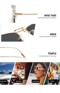 Detail view of gold metal pilot sunglasses featuring adjustable nose pads and hollow hinges