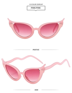 Vues détaillées de face et de côté de lunettes œil-de-chat avec verres roses dégradés