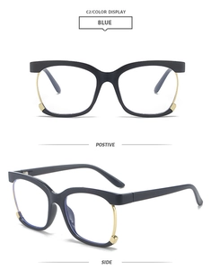 Cat-eye blue light glasses frame with black square rims and golden metal accents