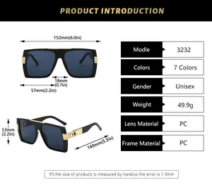 Detailed size chart for oversized square sunglasses with precise frame measurements