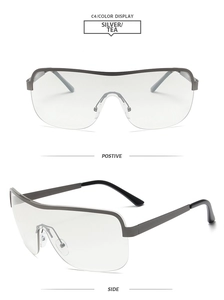 Vues détaillées de face et de côté de lunettes Y2K demi-cerclées argent avec verres thé