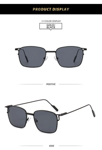 Detailansicht der quadratischen Metall-Sonnenbrille in Schwarzgold mit Front- und Seitenprofil