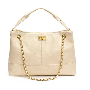 Elegant cream quilted leather tote bag with gold hardware and chain strap on white background
