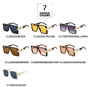 Detail view of 7 stylish oversized square sunglasses colors with hollow metal temples