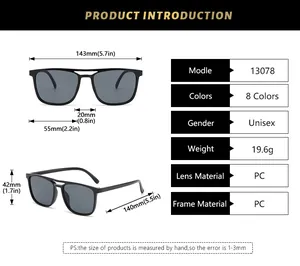 Detailed size chart for square aviator sunglasses showing frame and lens dimensions