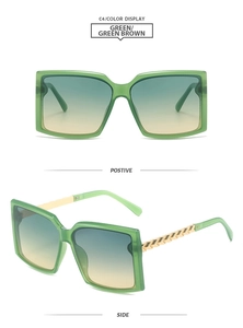 Vue détaillée de lunettes de soleil carrées avec monture verte et branches en métal doré