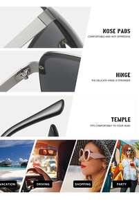Détails des lunettes de soleil Y2K demi-cerclées avec plaquettes et charnières robustes