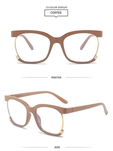 Detail view of coffee brown semi-rimless glasses frame with gold metal finish
