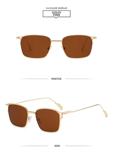 Detailansicht der goldenen quadratischen Metallsonnenbrille mit rosa Gläsern von vorn