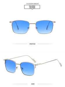 Detailsicht der eckigen Metallsonnenbrille mit Silberrahmen und blauen Verlaufsgläsern