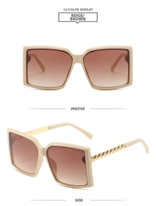 Détails des lunettes de soleil carrées beige avec branches en chaîne de métal doré