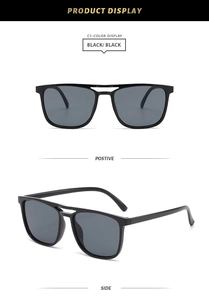 Front and side view of classic double-bridge square pilot sunglasses with black frames