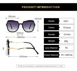 Detailed size chart for square frame sunglasses with precise lens and frame measurements