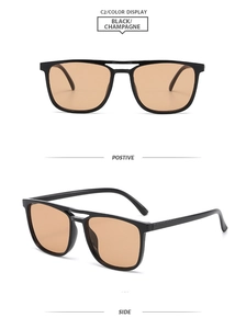 Detail of square pilot sunglasses with double bridge design and champagne lenses