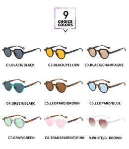 Detailed color chart of nine hexagonal sunglasses in various frame and lens combinations