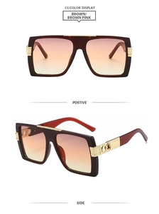 Square oversized sunglasses with brown gradient lenses and gold infinity temple detail